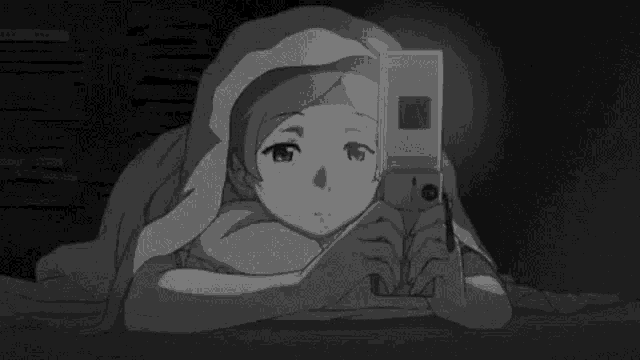a black and white drawing of a girl laying under a blanket looking at a cell phone .