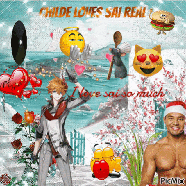 a picture of a man with a santa hat and the words " childe loves sai real " on the top