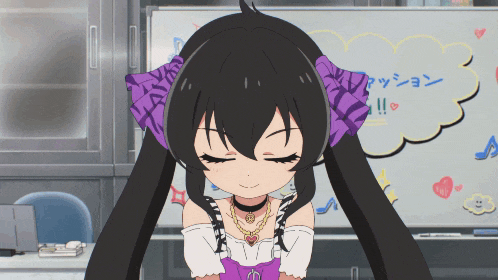 a girl with black hair and a purple bow on her head stands in front of a white board with japanese writing on it