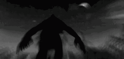 a black and white silhouette of a werewolf standing in the dark with a full moon in the background .