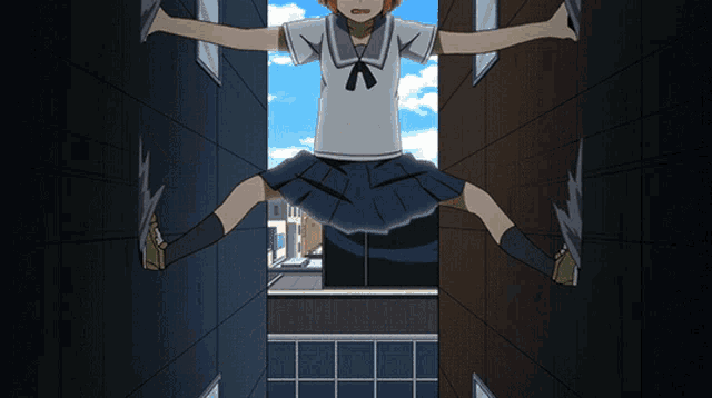 a girl in a school uniform is jumping in the air with her arms outstretched
