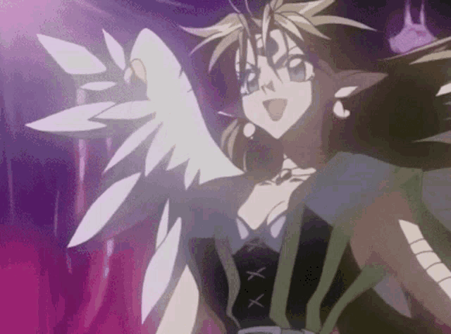 a cartoon character with wings is wearing a black top with a purple background