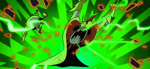 a cartoon character is flying through the air in front of a green background with a lightning bolt coming out of his mouth .