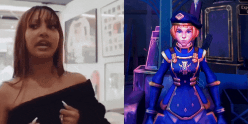 a woman in a black off the shoulder top is next to a video game character in a blue outfit