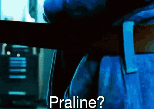 a person in a blue suit is holding a piece of wood and asking " praline " .