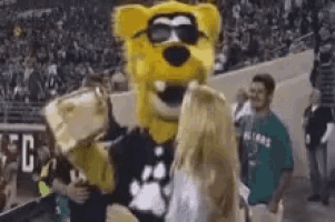 a mascot is holding a trophy in a stadium .