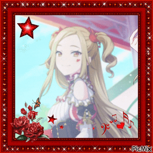 a picture of a girl with a red star and roses