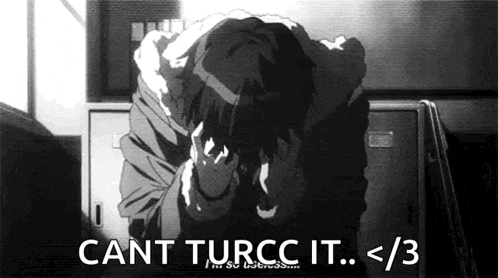 a black and white drawing of a man covering his face with his hands and the words cant turcc it .