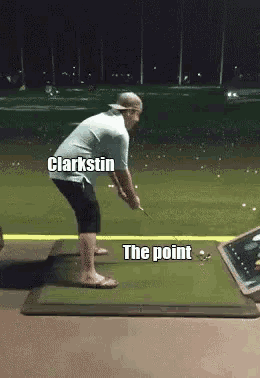 a man playing golf with the words clarkstin the point on the bottom right
