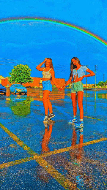 two girls are standing in a parking lot with a rainbow in the background