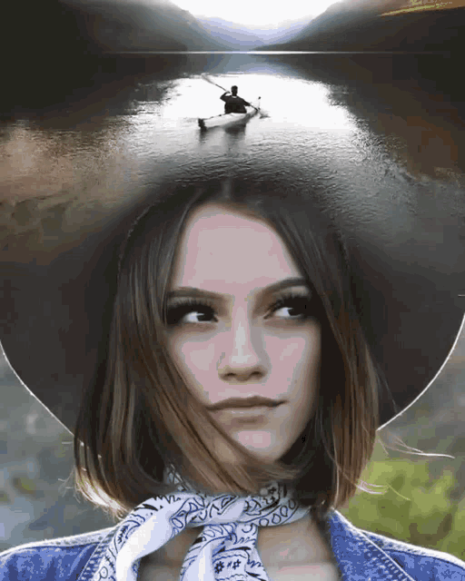a woman wearing a cowboy hat and a bandana has a picture of a man in a boat on her head