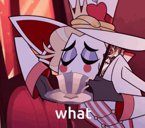 a cartoon character is holding a cup of tea and the word what is on the bottom of the image