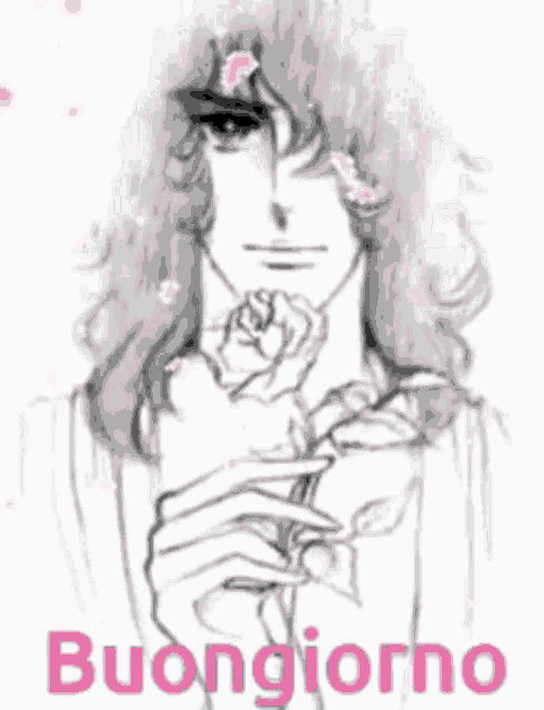 a black and white drawing of a man holding a rose with the words buongiorno written below him