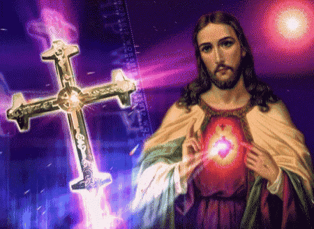 a painting of jesus holding his heart with a cross behind him
