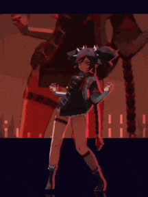 a cartoon character is dancing in front of a large red monster