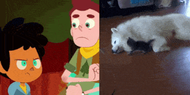 a cartoon character and a picture of a dog and a cat