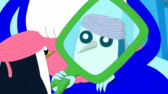 a penguin is looking at himself in a mirror