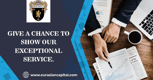 an advertisement for eurasian capital inc. shows a man sitting at a desk