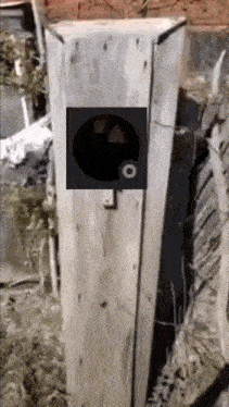a wooden box with a black circle on it is sitting in the grass .