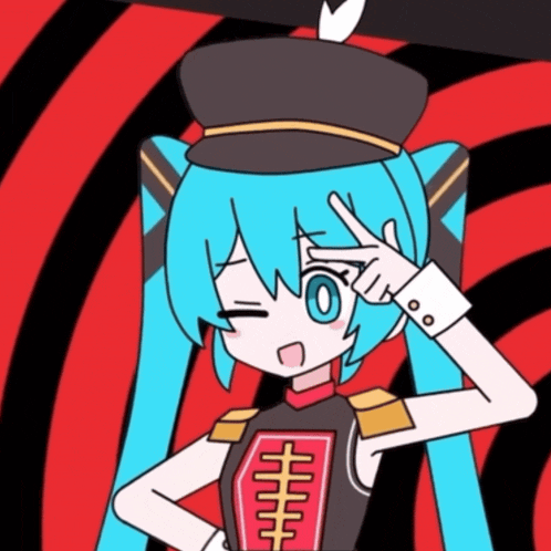 a cartoon character with blue hair and a black hat