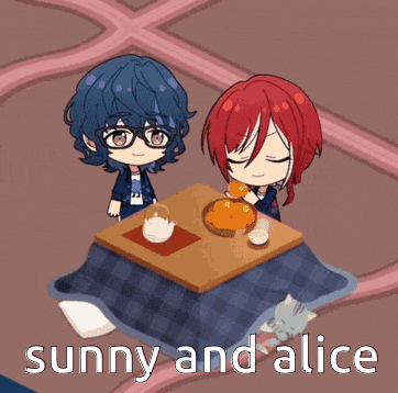 a couple of anime characters sitting at a table with the words sunny and alice on the bottom