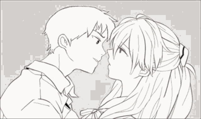 a black and white drawing of a boy and a girl looking at each other