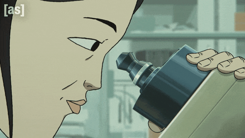 a cartoon of a woman looking through a microscope with the words [ as ] on the bottom right