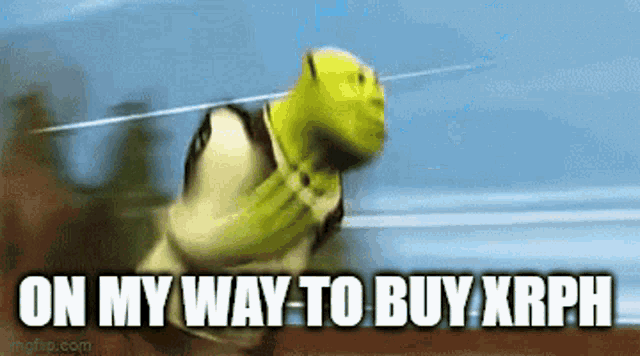 shrek is running on a track with the words on my way to buy xrph