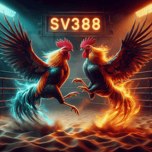 two roosters are fighting in a ring with a sv388 sign in the background