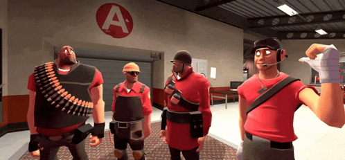 a group of soldiers are standing in front of a building with the letter a on it