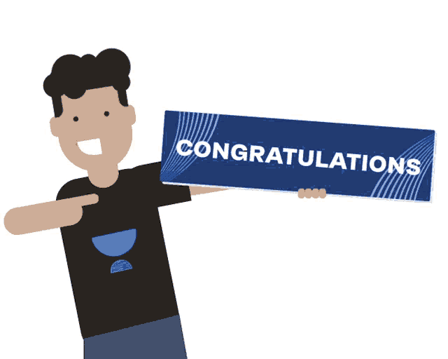 a man is pointing at a sign that says congratulations