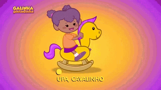a little girl is riding a rocking horse with the words upa cavalinho written on the bottom