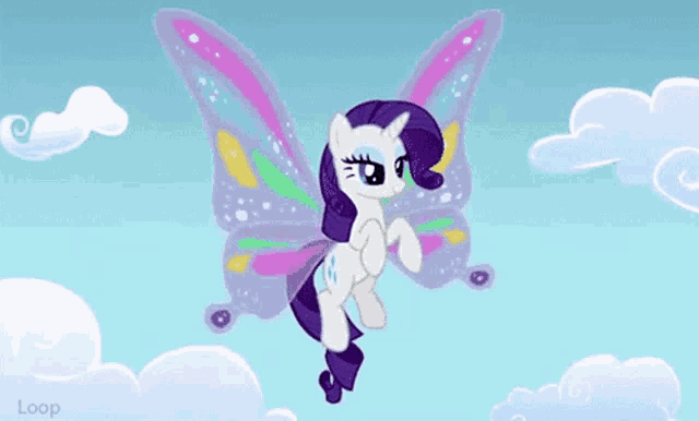 a cartoon pony with butterfly wings is flying through the air
