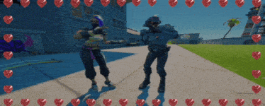 a man and a woman are dancing in a video game surrounded by hearts