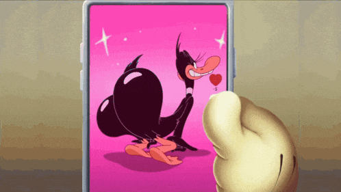 a hand is pointing at a picture of daffy duck on a phone