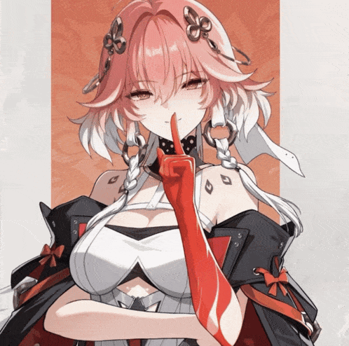 a girl with pink hair is holding a red finger to her mouth