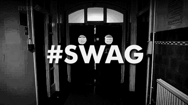 a black and white photo of a hallway with the words `` # swag '' written in white letters .