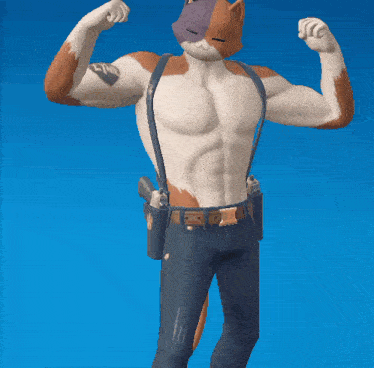 a man with a cat head is wearing suspenders and a belt