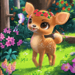 a deer wearing a flower crown is standing in a garden