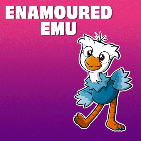 a cartoon ostrich with the name enamoured emu