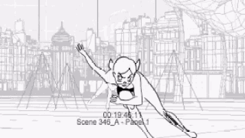 a black and white drawing of a cartoon character flying in the air .