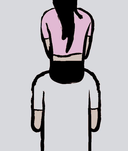 a woman in a pink shirt is sitting on a man 's shoulders