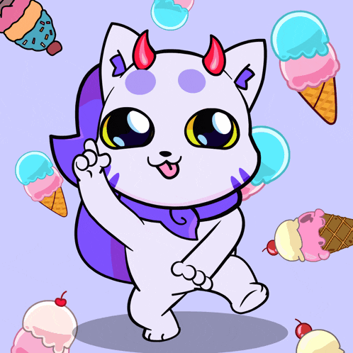 a cartoon drawing of a cat with horns and ice cream