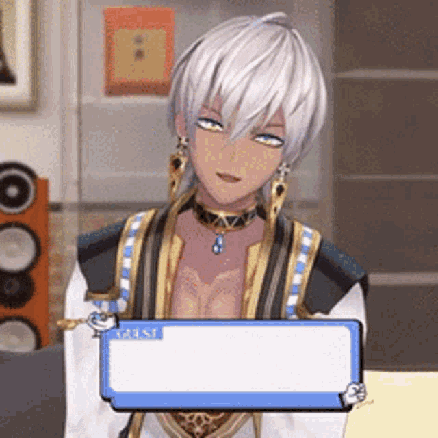 a girl with white hair is holding a sign that says " guest "