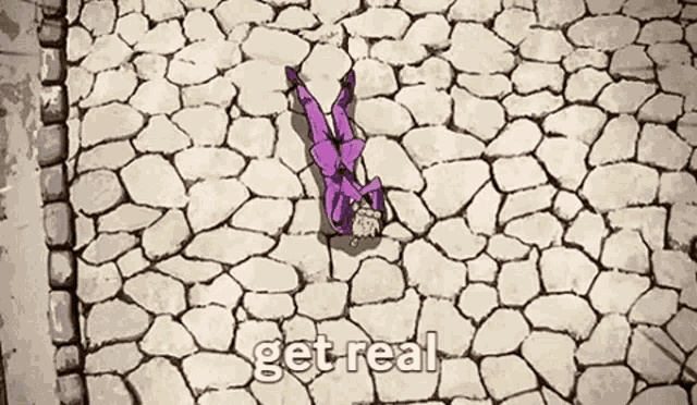 a person in a purple suit is laying on a stone floor .