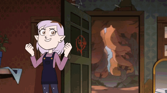 a cartoon girl with purple hair is standing in front of an open door