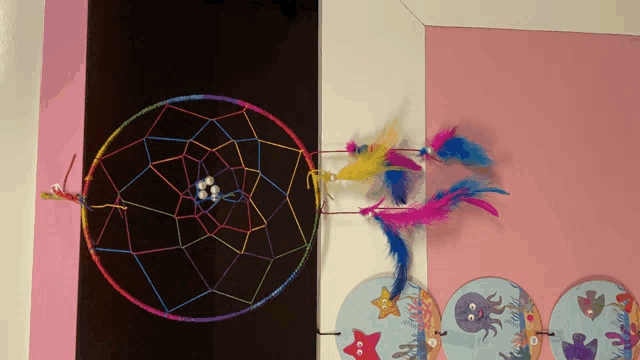 a rainbow colored dream catcher is sitting on a pink and white wall