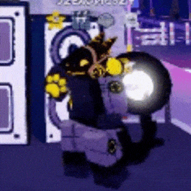 a cartoon character is standing in front of a speaker in a video game .