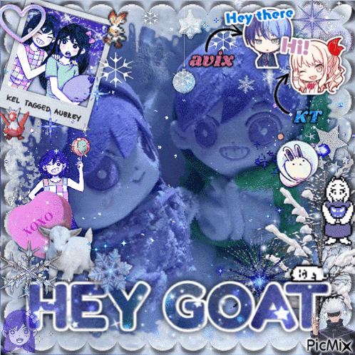 a picture of two stuffed animals with the words hey goat