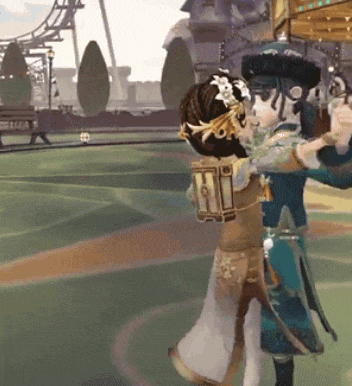 a man and a woman are dancing on a court in front of a roller coaster